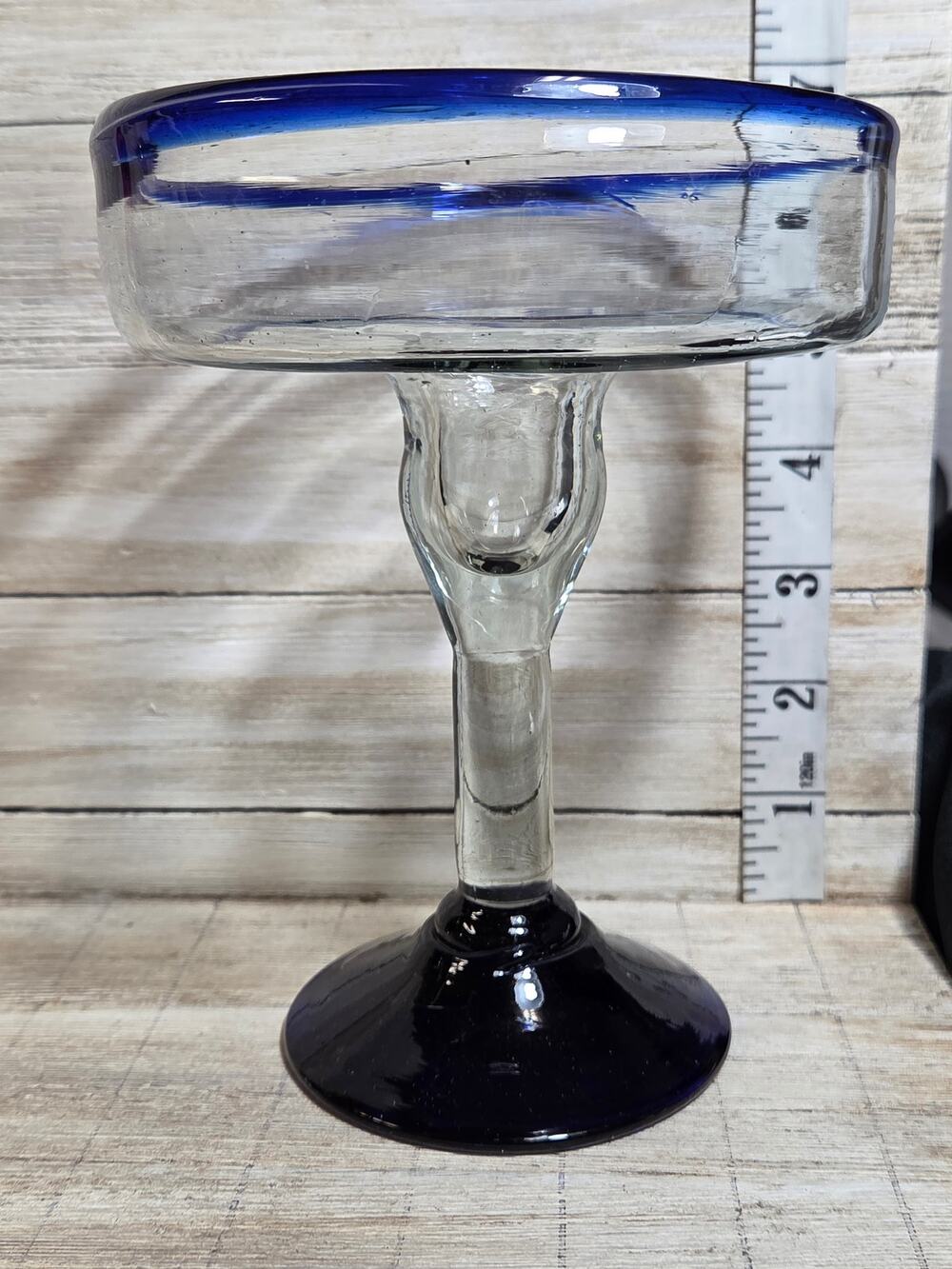 Hand Blown Margarita Glasses Pair Cobalt Blue Rim Foot Mexican Style 6.5"
